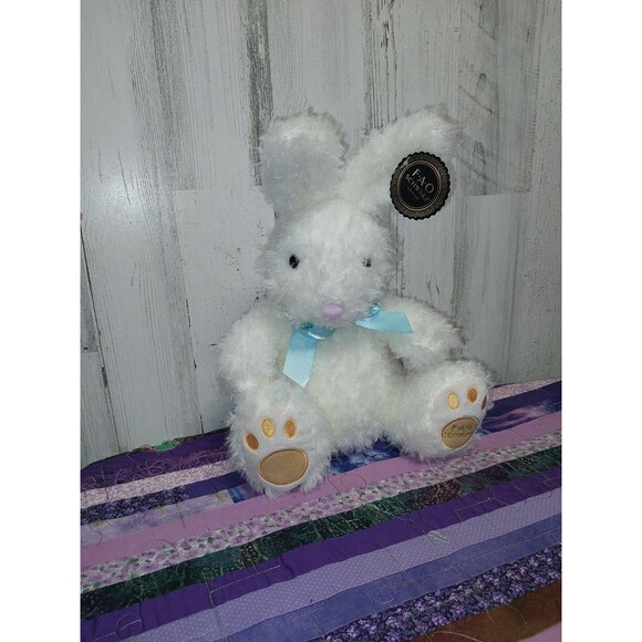NWT FAO Schwarz White Bunny Rabbit w/ Blue Ribbon Easter Plush Toy - Picture 1 of 8